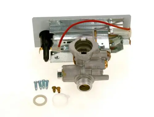 Gasarmatur von Bosch mit mehreren Anschlüssen und Montageplatten, inklusive Schrauben und Dichtungen.